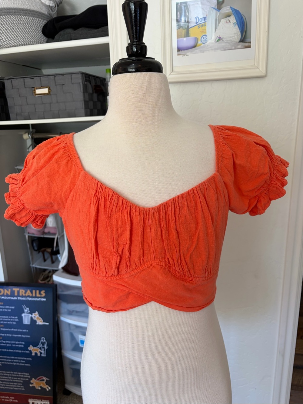 Orange Puff-Sleeve Cropped Top with Sweetheart Neckline